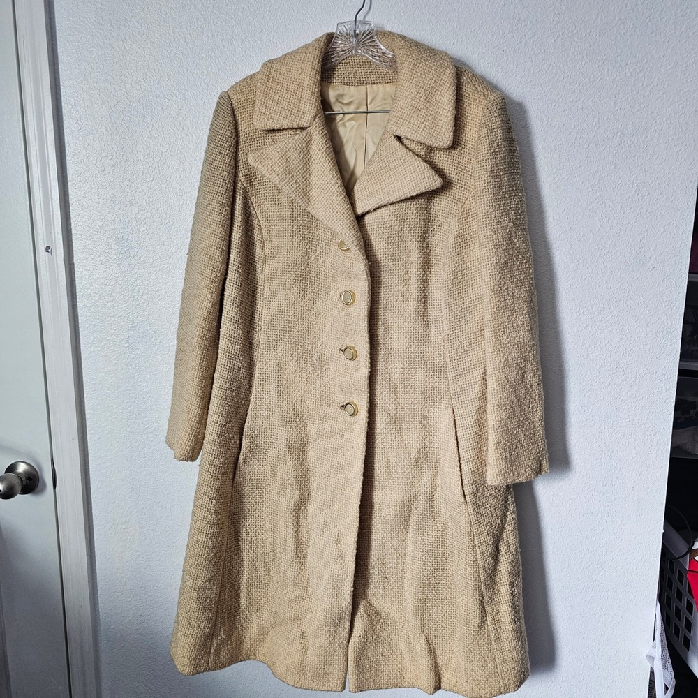 Vintage Rothmoor Cream Boucle Wool Long Coat ILGWU Union Made Beige Tan 42in L